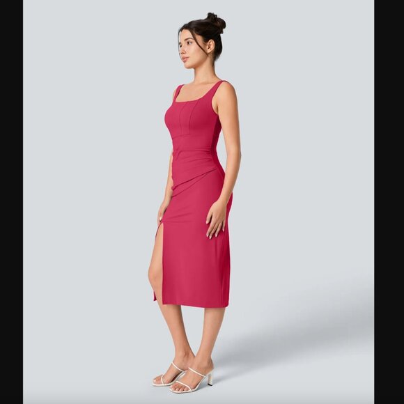 NWT Halara Softlyzero Red Airy Square Neck Corset Slit Bodycon Dress, Size Small - Picture 3 of 8